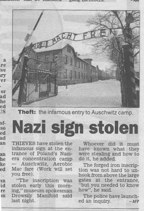 Auschwitz sign stolen while Drowsily Manifold sleeps - Net Magellan
