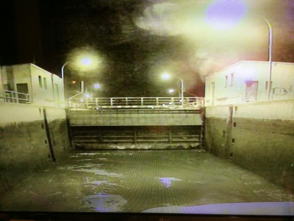 Watching a lock at night on the bow camera