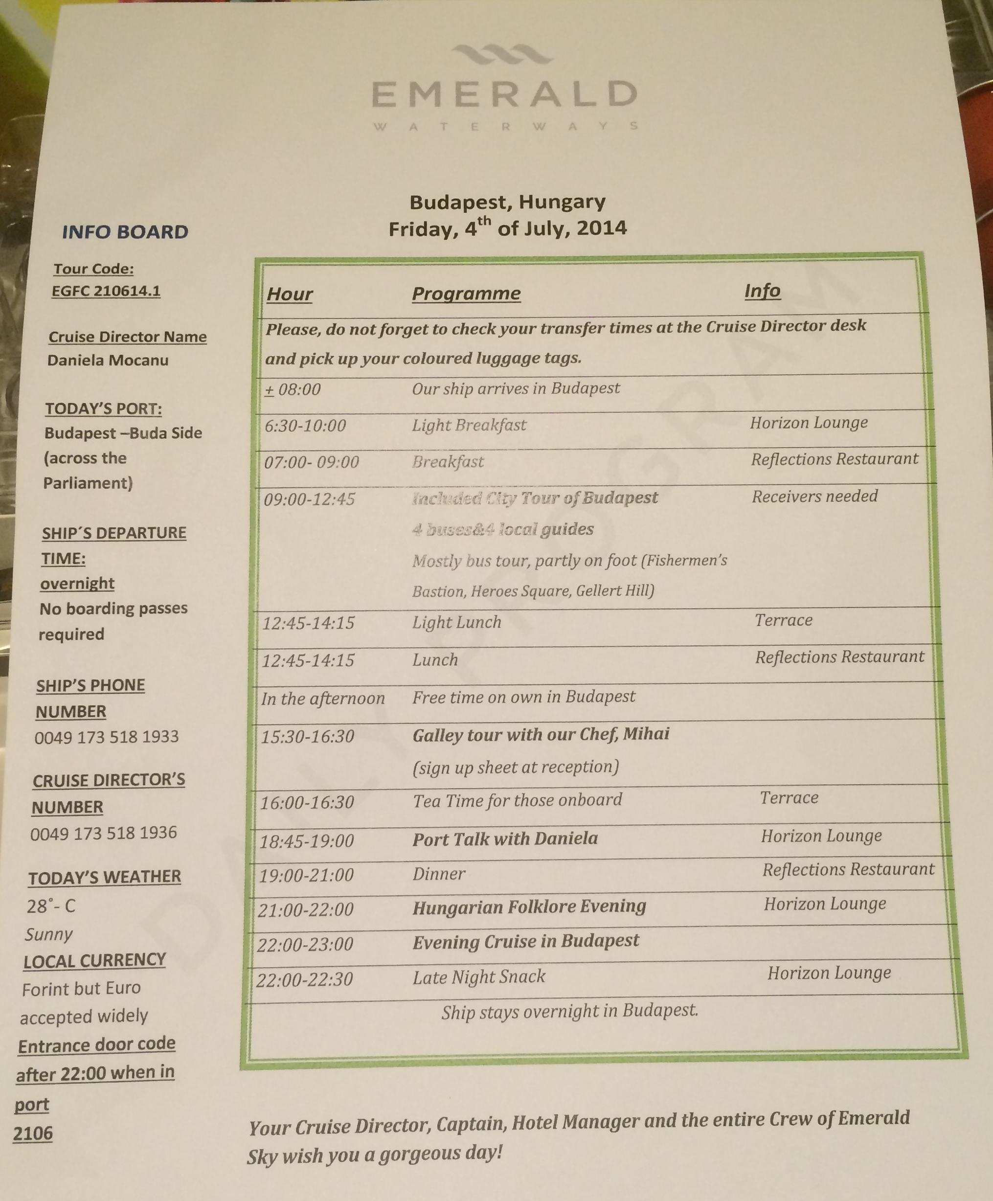 Daily programme of activities